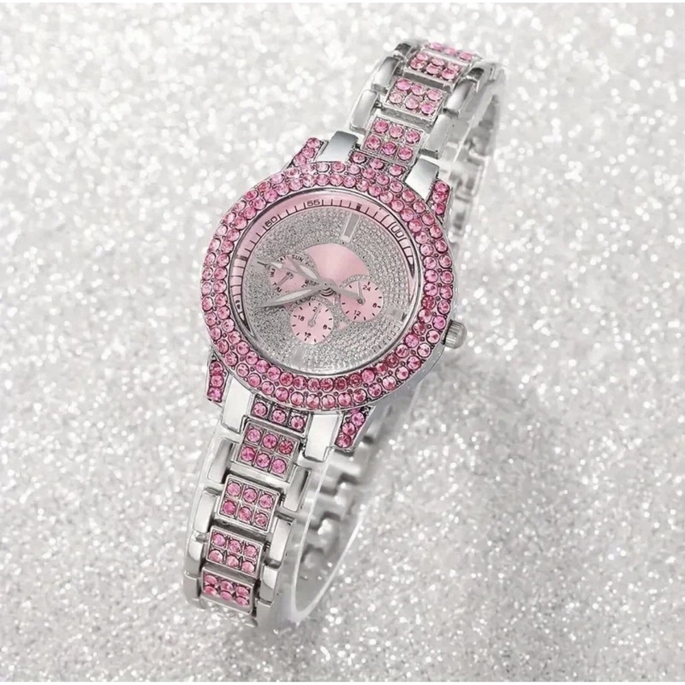 Women's Quartz Watch Pink Rhinestone Silver 10 mm Dial Diameter New Glam Bling